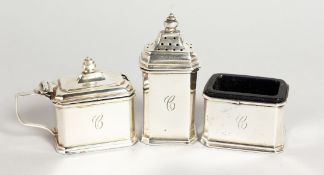 A THREE PIECE SILVER CRUET. Birmingham 1953.