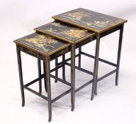 A 19TH CENTURY CHINESE LACQUER DECORATED NEST OF TABLES, decorated with views of landscapes and