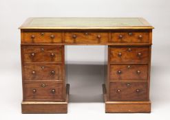 A VICTORIAN MAHOGANY PEDESTAL DESK, with leather inset top, three frieze drawers, drawers to the