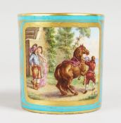 A SMALL LATE 18TH/EARLY 19TH CENTURY SEVRES MUG, painted with three landscape panels.