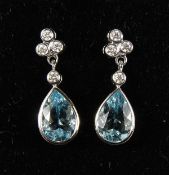 A GOOD PAIR OF 18CT WHITE GOLD, AQUAMARINE AND DIAMOND DROP EARRINGS.