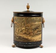 A TOLEWARE CIRCULAR BIN AND LID.