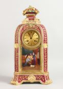 A SUPERB 19TH CENTURY PORCELAIN CLOCK, POSSIBLY JACOB PETIT, striking on a single bell with gilt