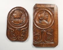 TWO 18TH / 19TH CENTURY CARVED OAK ROMAYNE PANELS, depicting portrait bust and scrollwork. 16.5ins x