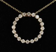 A GOOD 18CT YELLOW GOLD DIAMOND HOOP PENDANT on a chain.