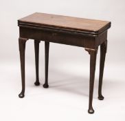 A GEORGE III MAHOGANY FOLDOVER TEA AND CARD TABLE, with rounded rectangular top on lappit carved