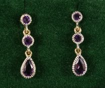 A PAIR OF 9CT GOLD AMETHYST DROP EARRINGS.