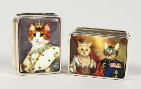TWO SILVER AND ENAMEL CAT PILL BOXES.