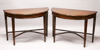 A PAIR OF SHERATON REVIVAL INLAID MAHOGANY DEMILUNE SIDE TABLES, EARLY 20TH CENTURY, with an