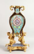 A SUPERB FRENCH 19TH CENTURY CLOCK, IN THE CHINESE MANNER, GILT BRONZE AND ENAMEL, formed as a