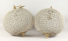 A LARGE PAIR OF CRYSTAL BALL LIGHTS. 18ins diameter.