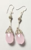 A PAIR OF ROSE QUARTZ AND MARCASITE DROP EARRINGS.