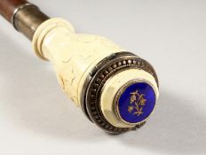 A SUPERB 19TH CENTURY RUSSIAN CARVED IVORY AND SILVER WALKING STICK, the handle as a snuff box