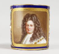 A SMALL 19TH CENTURY SEVRES MUG, jewelled and painted with a portrait of Louis XIV, on a blue