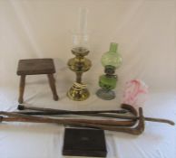 Oil lamps, small stool, walking sticks etc