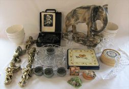 2 boxes of assorted items inc large elephant, fish/mussel bowls, cherubs, cut glass, cheese baker,