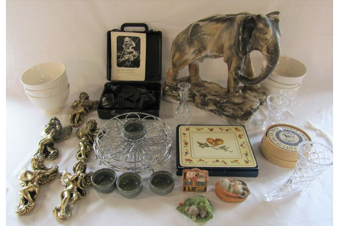 2 boxes of assorted items inc large elephant, fish/mussel bowls, cherubs, cut glass, cheese baker,