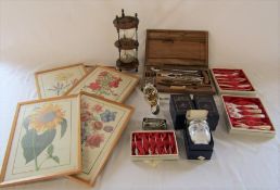 Various items inc Royal Worcester egg codlers, mother of pearl forks and skewers, ladle, prints,