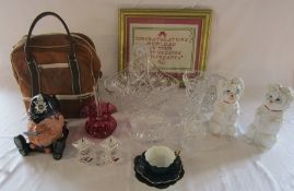 Assorted glassware inc cranberry glass, large basket, Swarovski candlestick, rose bowl etc,