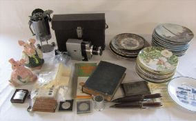 Various ceramics inc Limoges plates and Wade Natwest pigs, Ronson lighter, coins, cine camera etc