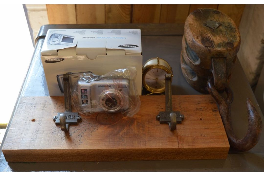 Wooden pulley, LNER coat hooks, Swiza clock (hand detached) & Samsung camera - Image 1 of 2