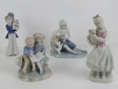 Four unmarked Lladro type figurines, 14-18cm, one a/f.