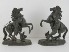 19th century cast Bronze Marly Horse men and horses: a pair of solid cast patinated bronze