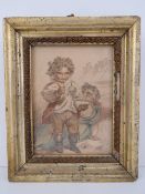 Print; early Georgian cartoon depicting young children blowing bubbles, trees beyond, hand tinted,