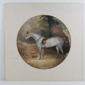 HY 1861 Equine School, Tondo watercolour, a tacked up Dapple Grey waiting with a Border Terrier dog,