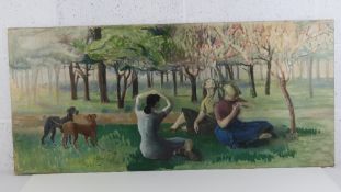 Follower of Stanley Spencer (1891-1959), oil on canvas laid on board, figures sat under trees,