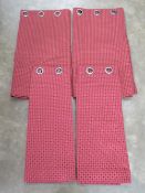 Curtains; brand new with integral eyelets, ruby ground with a gold cross-stitch, two pairs,