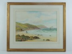 Watercolour; coastal and beach scene, figures on beach, headlands and boats beyond etc,