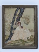 A 19th century silk work depicting young lady with dog, flora and fauna around etc, 25cm x 20cm,