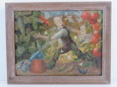 J Heath 1949 Humour, oil on panel, The Gardener's Nightmare, bugs and insects exact their revenge,