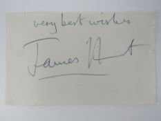An original James Hunt autograph on paper 'Very best wishes James Hunt' hand written in biro,