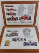 Prints; Tribute to Ferrari and Tribute to Ayrton Senna each by Stewart McIntyre, each 42 x 58cm.