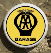 A contemporary illuminated 'old style' AA garage circular wall sign measuring 43cm diameter.