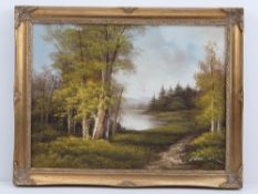 Oil on canvas; path through forest, lake beyond, signed lower right (indistict), 39.