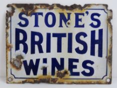 An original enamelled tin plate advertising wall sign for Stone British Wines, 15.5 x 20.5cm.