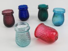 Six assorted coloured hanging glass garden or Christmas tree fairy lights with patterned exterior,