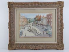 Frank Brown, 20th century watercolour, driving sheep through 'Buckingham High St. from Town Hall'.