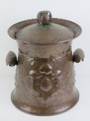 Arts and Crafts: a beaten (planished) copper cylindrical coal / log bin with lid,