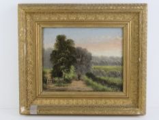Oil on canvas on board, rural country lane with figure upon, trees beyond etc, 19 x 23cm.