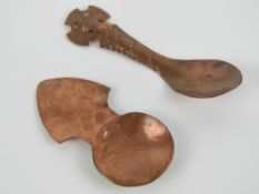 Two Arts and Crafts beaten (plannished) copper spoons;