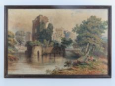 Watercolour; study of a ruined moated castle, figures and trees to the right, sky beyond etc,