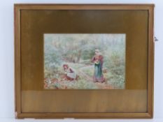 Watercolour; girls picking primroses in a wooded scene, signed lower right and dated 1908,
