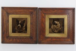 A pair of Sherwins Patent lock back framed tiles, each depicting a monochrome dog upon,