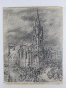A fine pencil study of Tron Kirk Church, Royal Mile Edinburgh, at New Years Eve, clock at midnight,