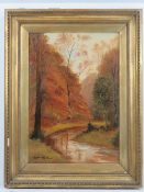 Oil on canvas; 'Autumn Afternoon' depicting river and trees,