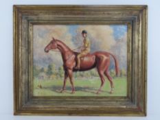 Oil on board; rider and horse, signed lower left F Stevens, 30 x 40cm.